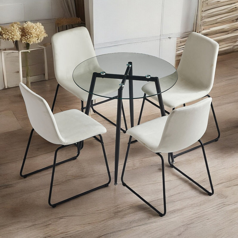 5-Piece Modern Dining Set For 4 - 31.4" Round Dining Table With Tempered Glass Top And Metal Legs, Includes 4 Velvet Upholstered Side Chairs - Perfect For Dining Room, Kitchen, And Living Room