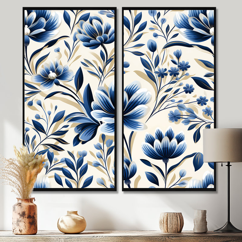 Grandes fleurs bleues et blanches damassées, H 32 po x l 32 po, Noir, Impression encadrée flottante