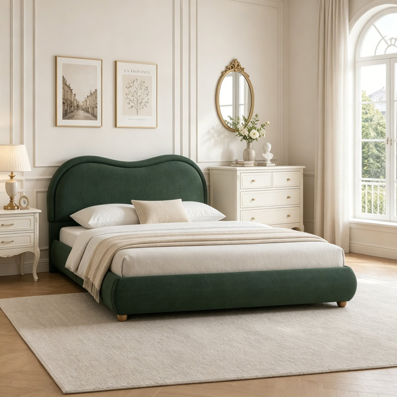 Grand lit plateforme tapissier avec tête de lit courbée, Grand lit, Vert olive