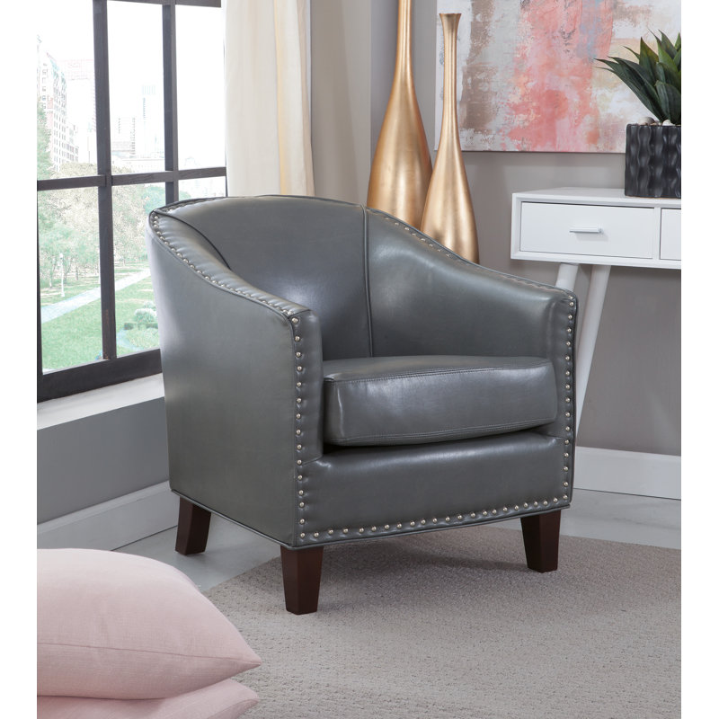 Giles Upholstered Barrell Chair with Silver Nail Trim, Giles Charcoal Gray Faux Leather