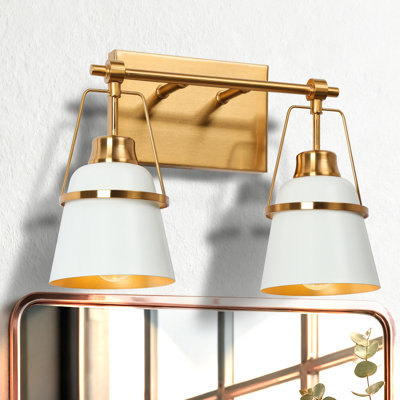 2-Light Bath Vanity Light Dimmable with White Brass Metal Shade