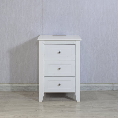 3 Drawer Nightstand With Ample Space - Modern White Bedroom 2 Ac Outlets And Port Table