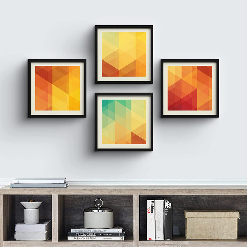 Vert, rouge et jaune à motif de triangles géométriques - ensemble de 4 impressions encadrées, Noir