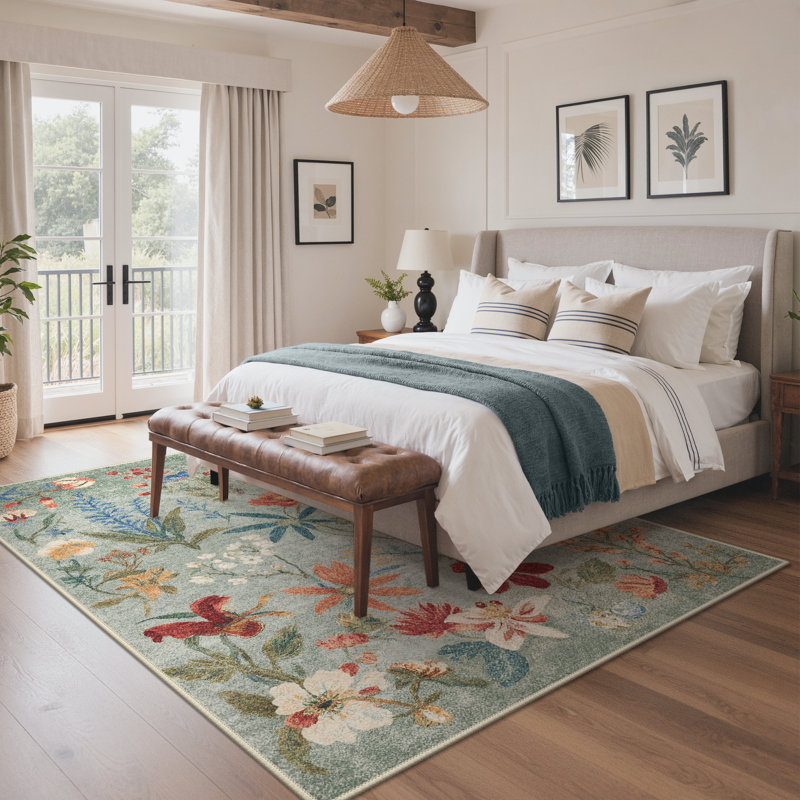 Abbey Botanical Heritage Machin Washable Area Rug - 22th-Century English Garden Inspired Faux Wool - High-Rebound Foam & Non-Slip Backing