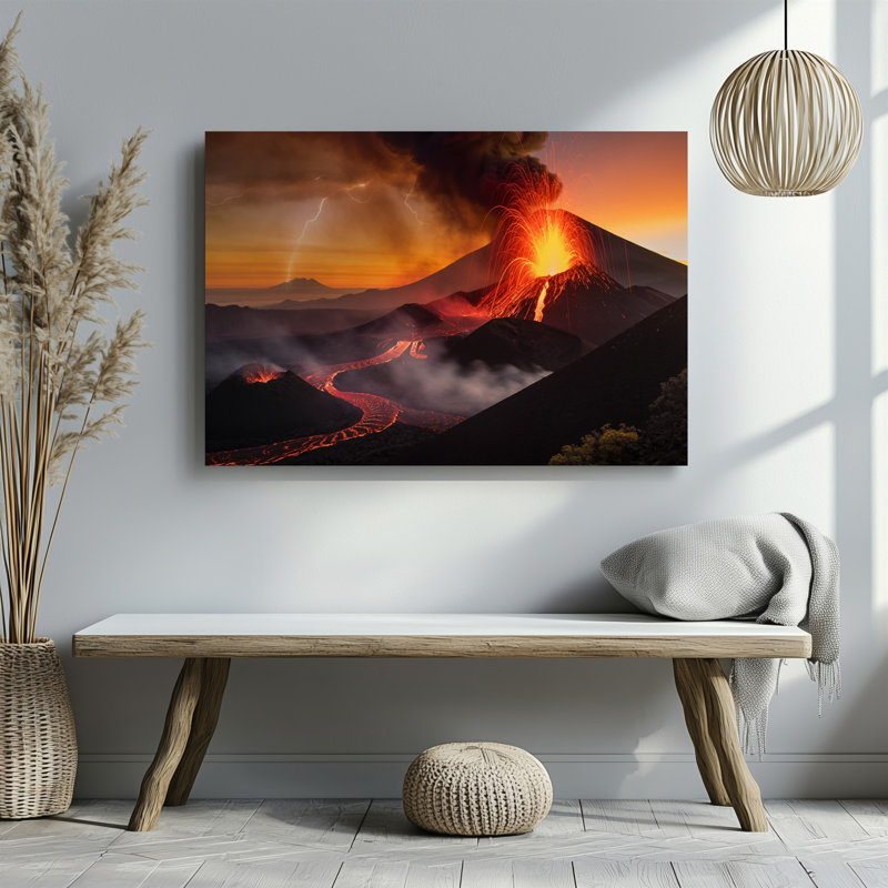 Toile, art dramatique volcanique qui domine la scène avec un imposant art mural, H 30 po x l 30 po