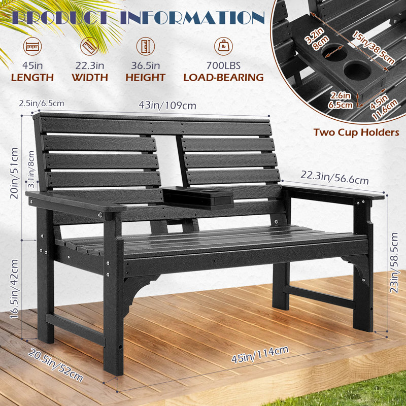 Hdpe All Weather Outdoor Bench With Cup Holders, 2-3 Persons Garden Bench With 700 Lbs Weight Capacity, Patio Benches For Outdoors, Garden, Porch, Backyard And Park