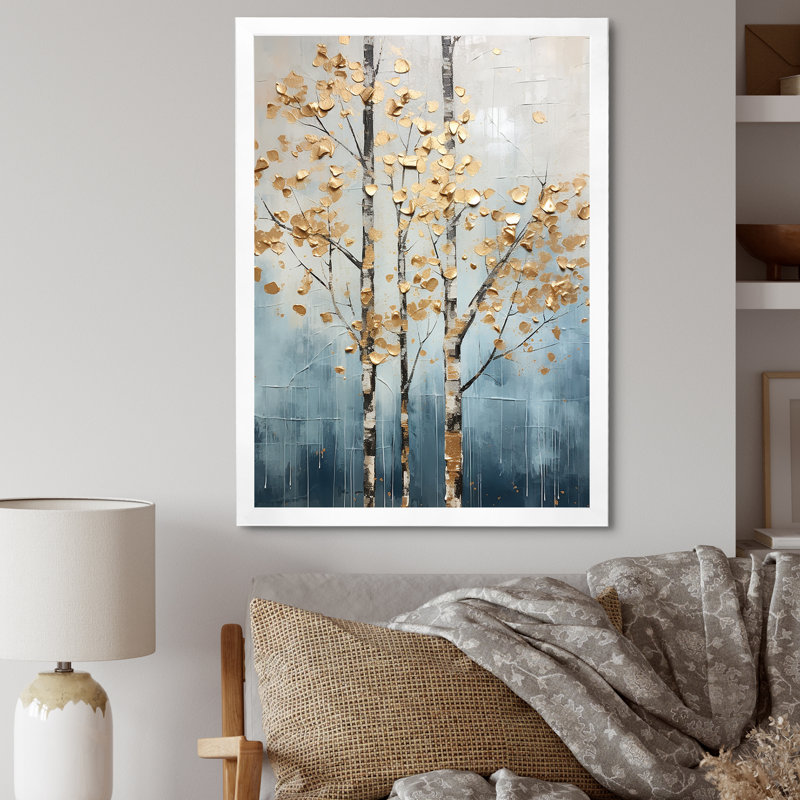 Décoration murale Harmony III - arbres dorés et bleus, H 40 po x l 30 po x P 1,5 po, Cadre simple blanc