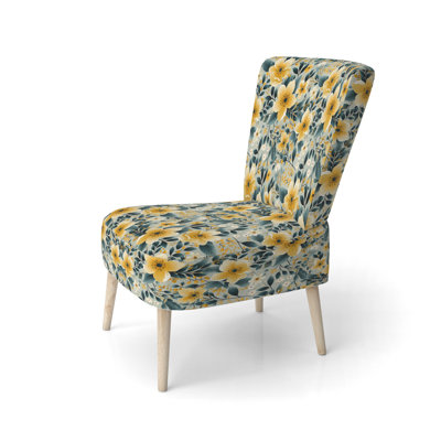 Yellow & Teal Gingham Charm Floral Pattern - Upholstered Farmhouse Side Chair, Yellow Accent Chair