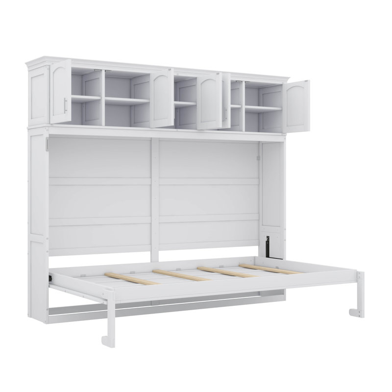 Lit escamotable en bois avec armoires supérieures, conception pliable peu encombrante, Grand lit, Gris
