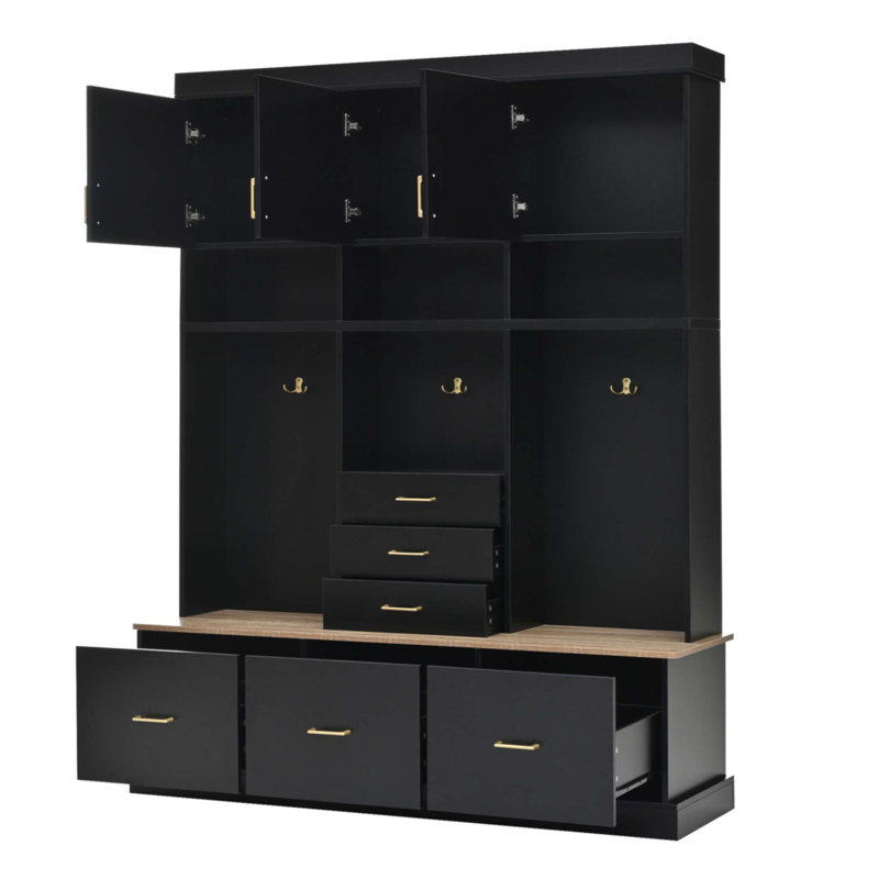  5-in-1 Modern Entryway Hall Tree with Bench & Coat Rack, MDF Mudroom Organizer Featuring 6 Drawers, 3 Closed Cabinets, 3-Tier Open Storage Shelves and Heavy-Duty Metal Hooks, Anti-Tip Design for Hallway Living Room Foyer