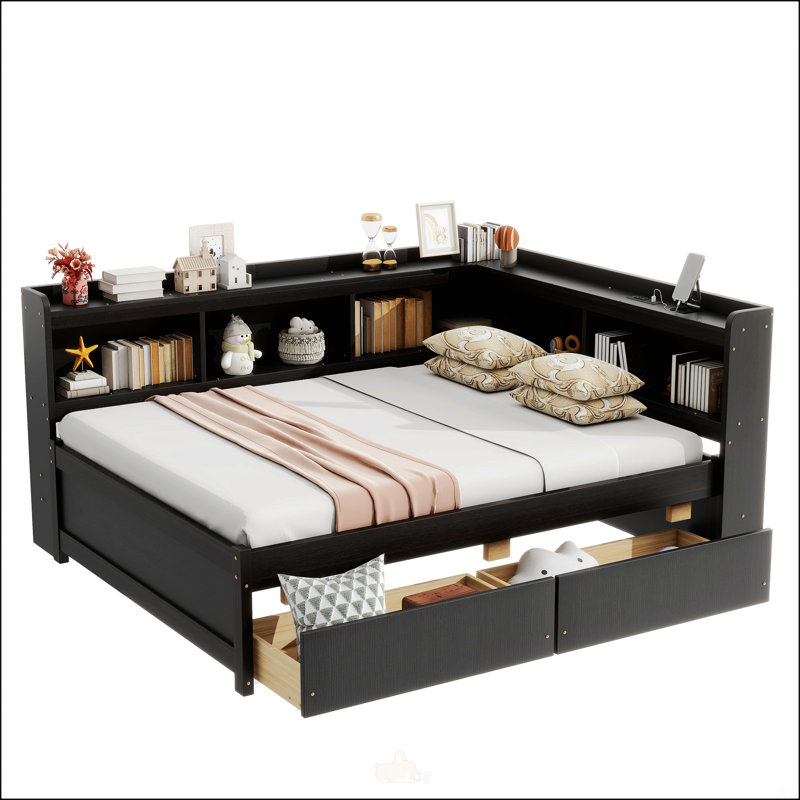 Lit double en forme de L avec bibliothèques, Double, Espresso