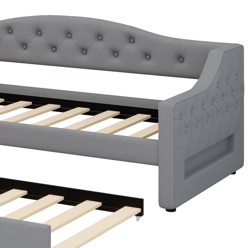 Upholstered Daybed With LED Belt And Trundle, Gray