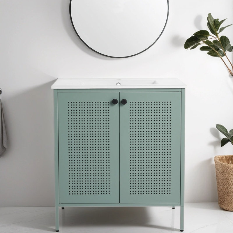 Leawood 30" Freestanding Bathroom Vanity with Ceramic Basin, Mint Green