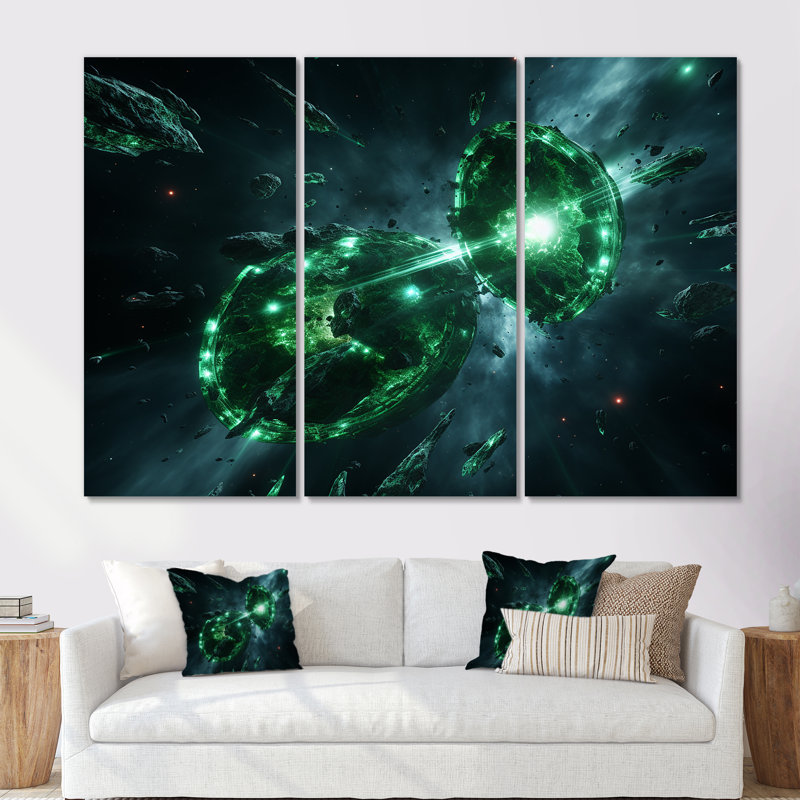 Green Cosmos Explosion I - Space Planet Wall Art, 28" H x 36" W x 1" D, Wrapped Canvas