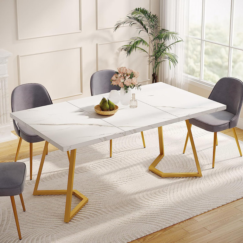 Table de salle à manger rectangulaire moderne pour 4 personnes Medor, Blanc, Or