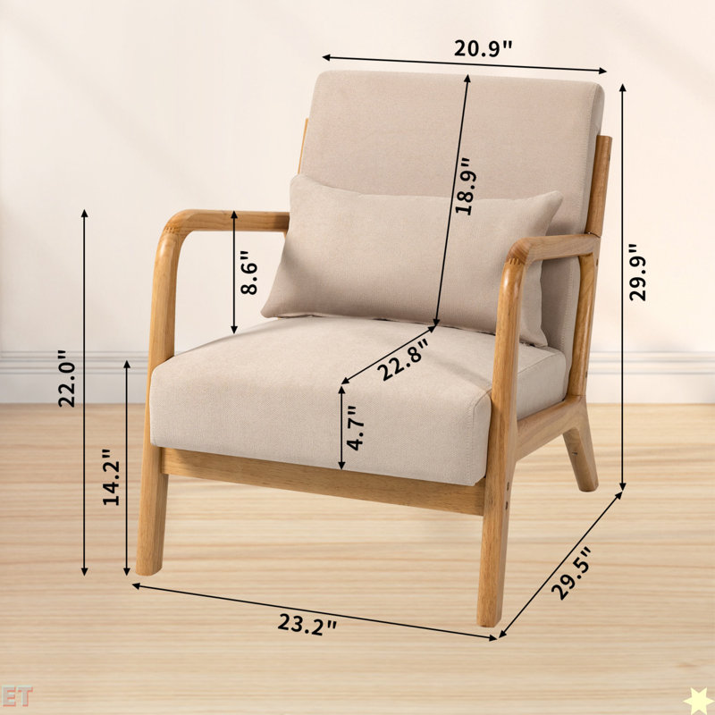Leisure Chair With Solid Wood Armrest And Feet, Mid-Century Modern Accent Sofa,1 Seat, Lin beige
