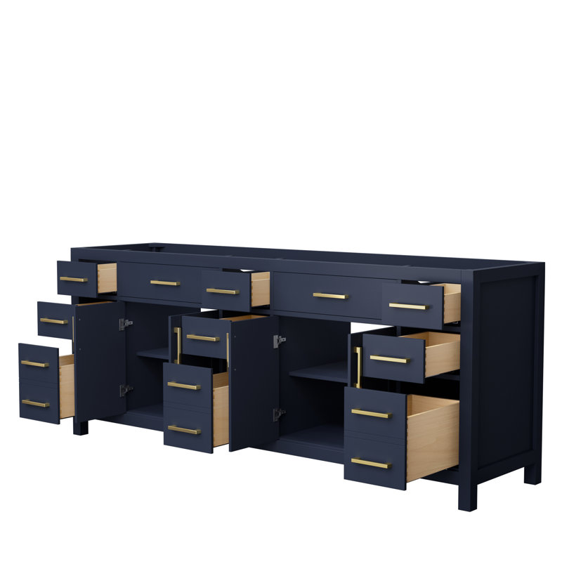 Base de meuble-lavabo double autoportante de 83 po Beckett, Bleu foncé / or brossé