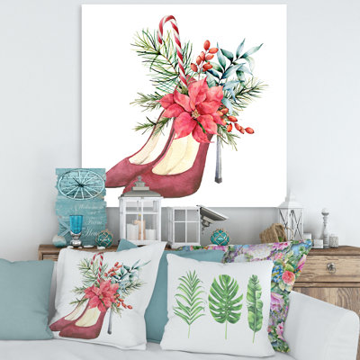 Chaussures à talons en daim rouges avec décor floral de Noël - peinture sur toile