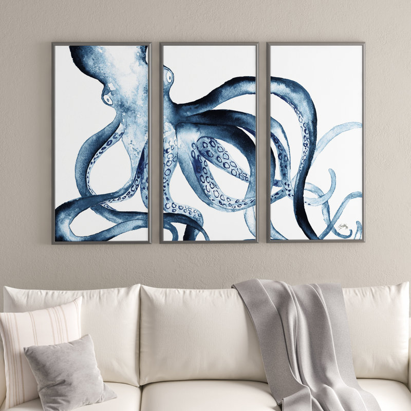 Octopus in the Blues - Ensemble de 3 reproductions encadrées sur toile, H 41,5 po x l 64,5 po x P 2 po