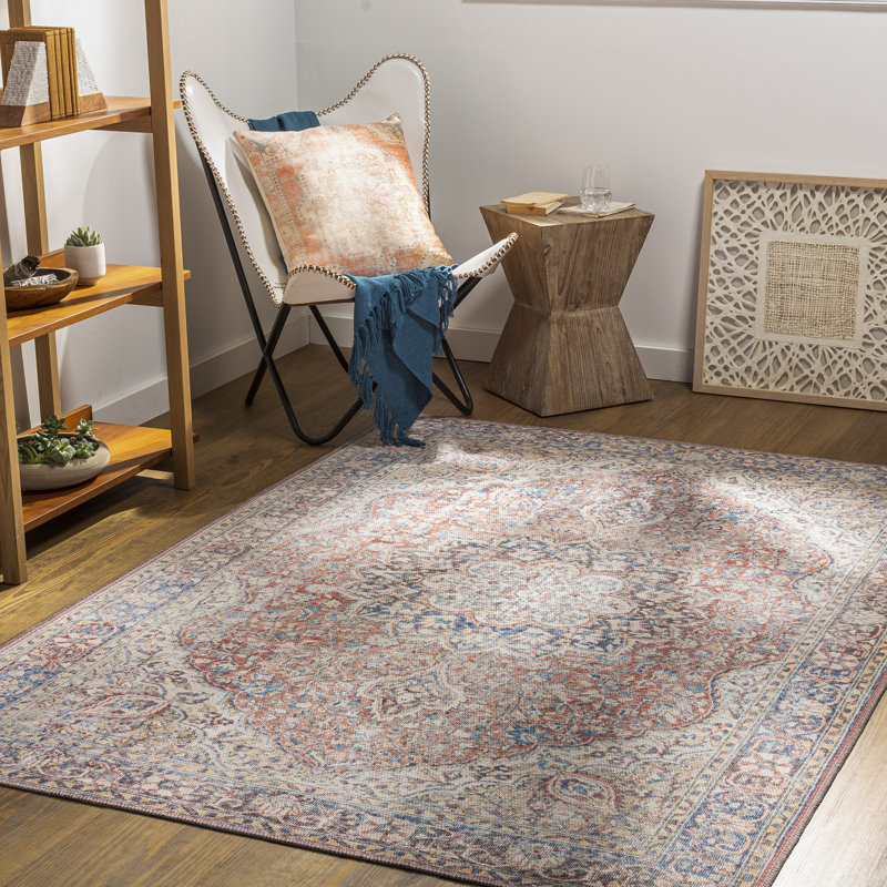 Tapis oriental rouge / bleu / ivoire lavable à la machine Bria, Rectangle 9 pi 3 po x 12 pi
