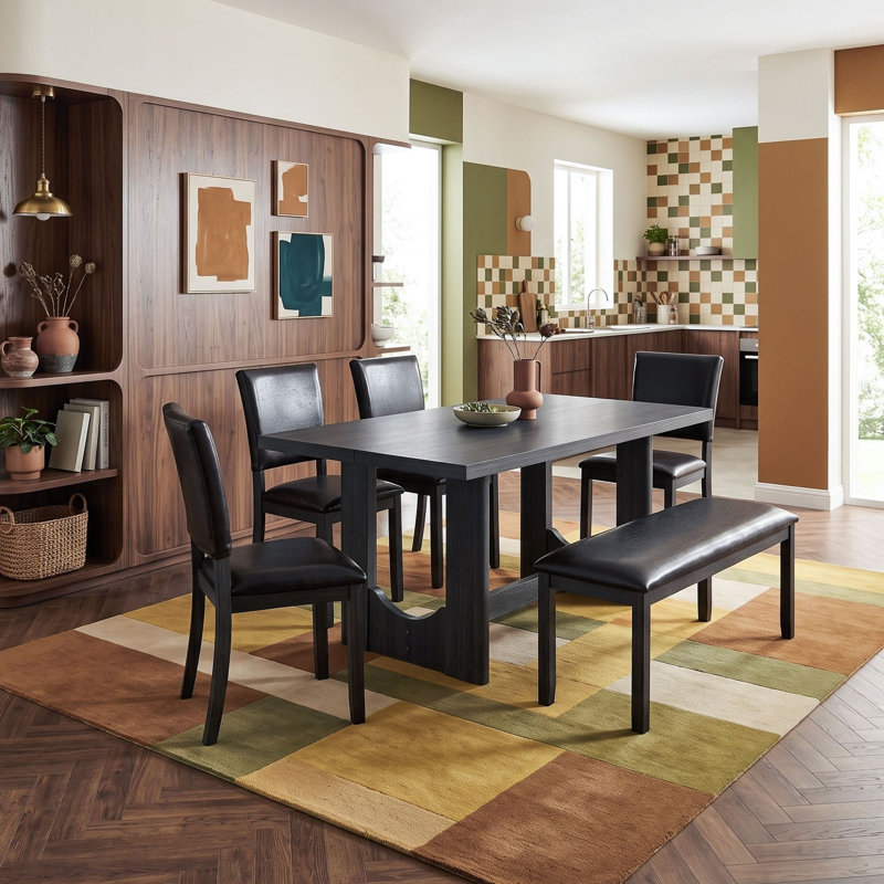 Ensemble de table de salle à manger six pièces avec quatre chaises rembourrées et banc