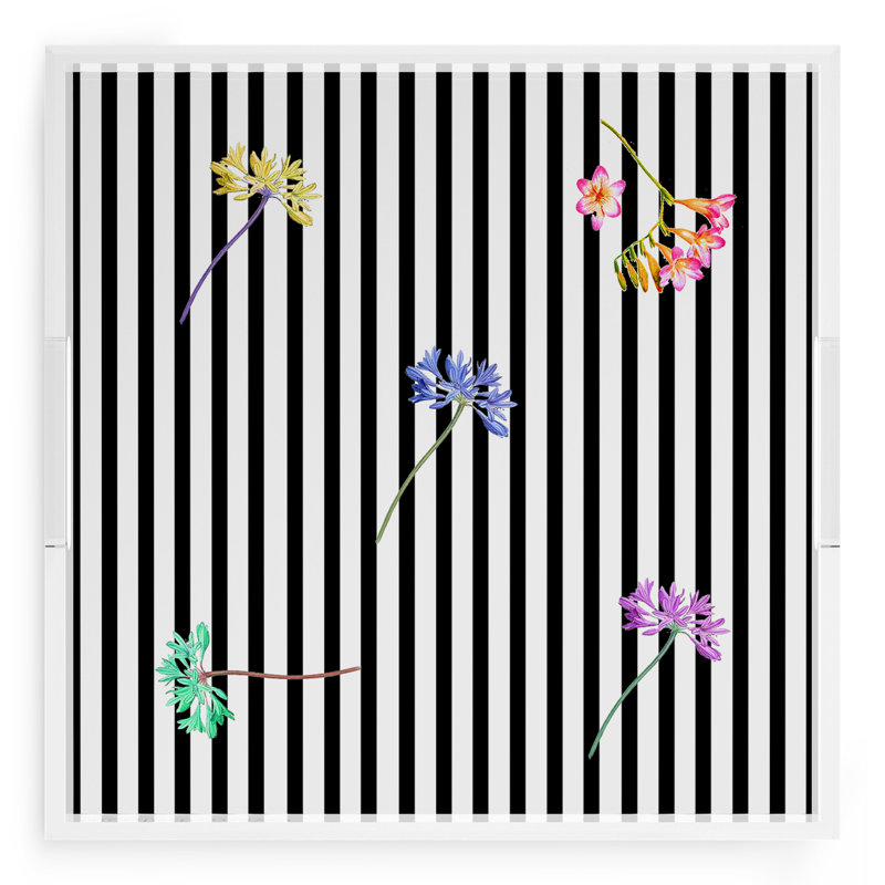 Dapper Acrylic Square Decorative Tray, 18"W x 18"D x 2"H, Black, Floral Stripes Black