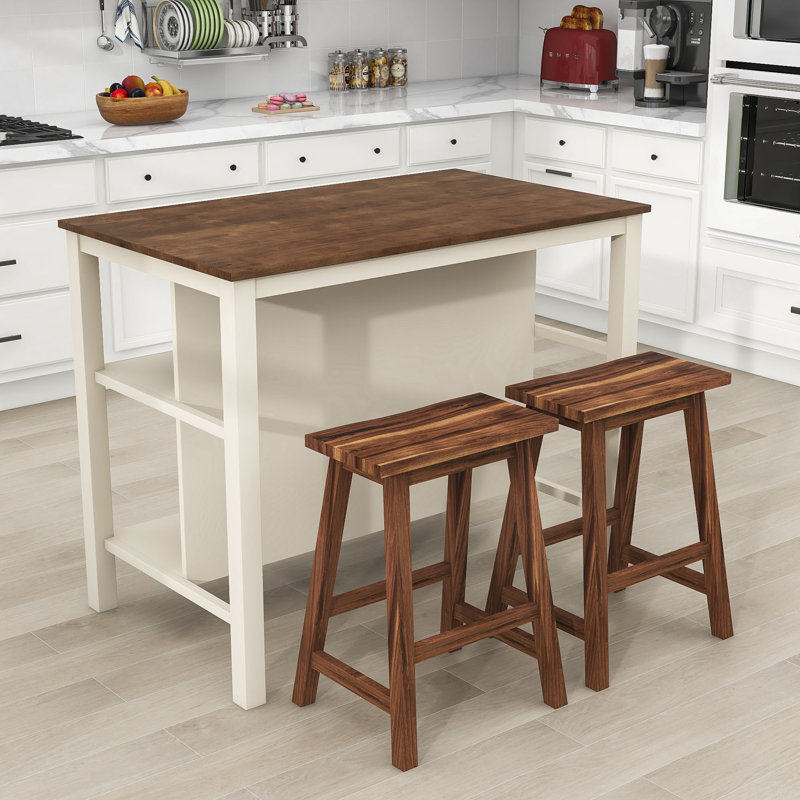WFHTU 3 Piece Kitchen Island Set With 2 Stools And 2 Shelves Faux Marble Dining Table Set