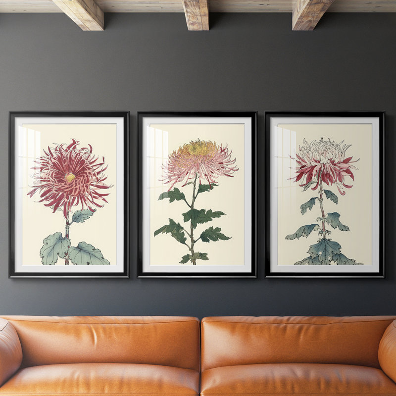 «Chrysanthemum Woodblock I», impression encadrée sur mesure de qualité supérieure, mat, 3 pièces, H 27 po x l 39 po, Noir