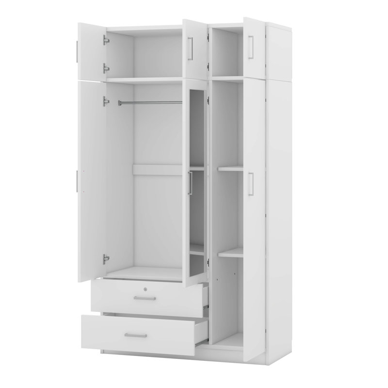 Armoire à miroir 3 portes avec 2 tiroirs et armoire supérieure, Blanc