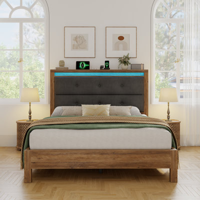 Modern Platform Bed Frame With Led Headboard & Charging Station - Quiet Eva Support, Robot Vacuum-friendly Base