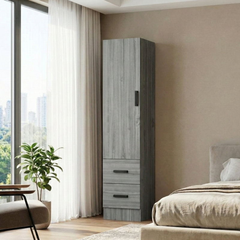  Armoire garde-robe avec 2 tiroirs et une porte pouvant s'ouvrir de la gauche ou de la droite., Gris
