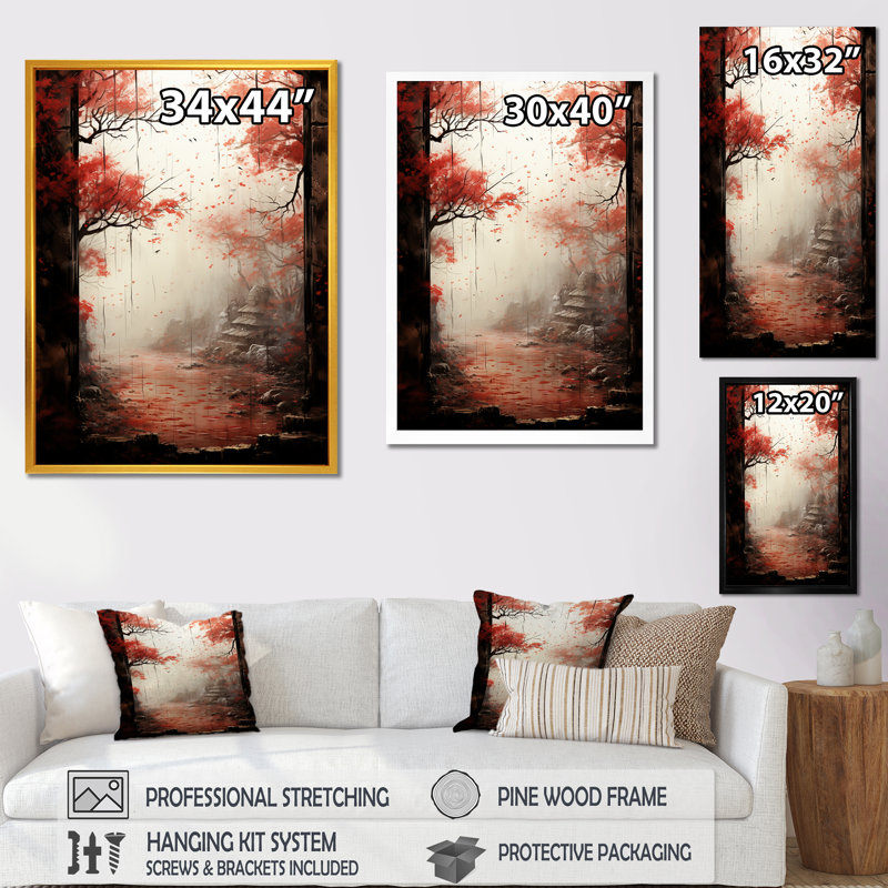 «Red Gothic Japon Forest View 1 - Art mural japonais», Cadre flottant noir, H 32 po x l 24 po x P 1 po