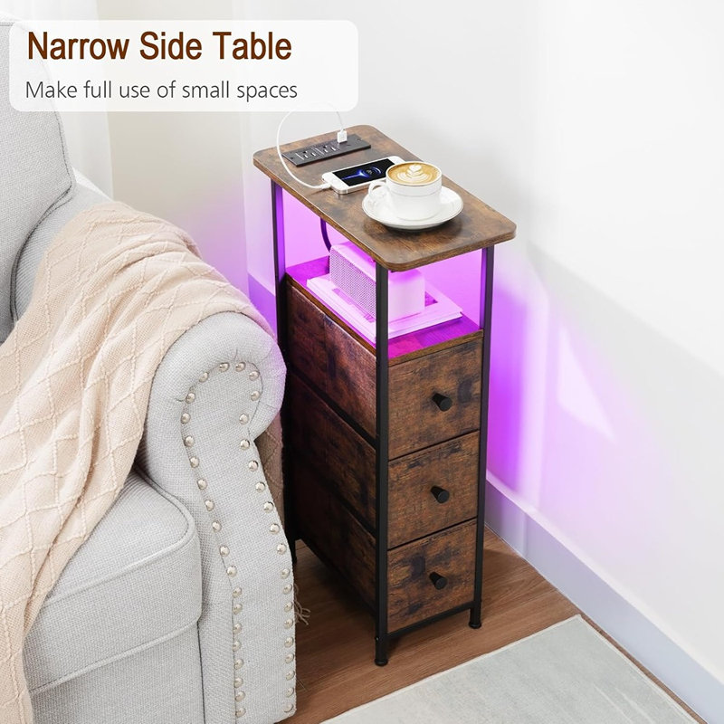 Ensemble de 2 tables d'appoint étroites avec station de recharge, tables de chevet minces pour salon, chambre à coucher et petits espaces