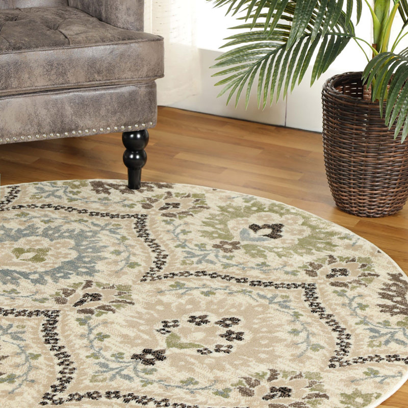 Tapis rond gris ivoire résistant aux taches, Rond 8 pi