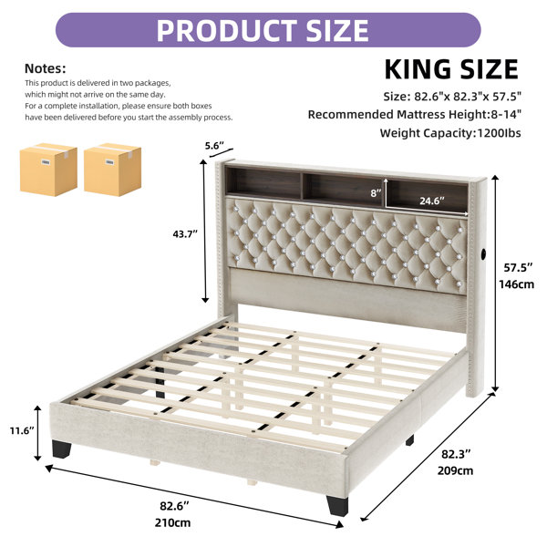 Ebern Designs Crystal Tufted Velvet Upholstered Bed Frame with Power ...