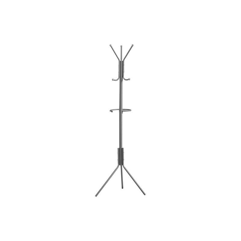 Coat Rack, Hall Tree, Free Standing, Hanging Bar, 6 Hooks, Entryway, 68"h, Bedroom, Grey Metal, Contemporary, Modern, Silver