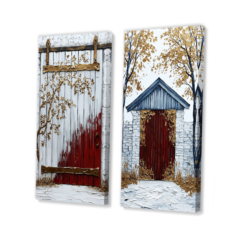 Ensemble de 2 pièces de porte de grange blanche décorée de beauté - I, H 32 po x l 32 po, Toile tendue sur cadre