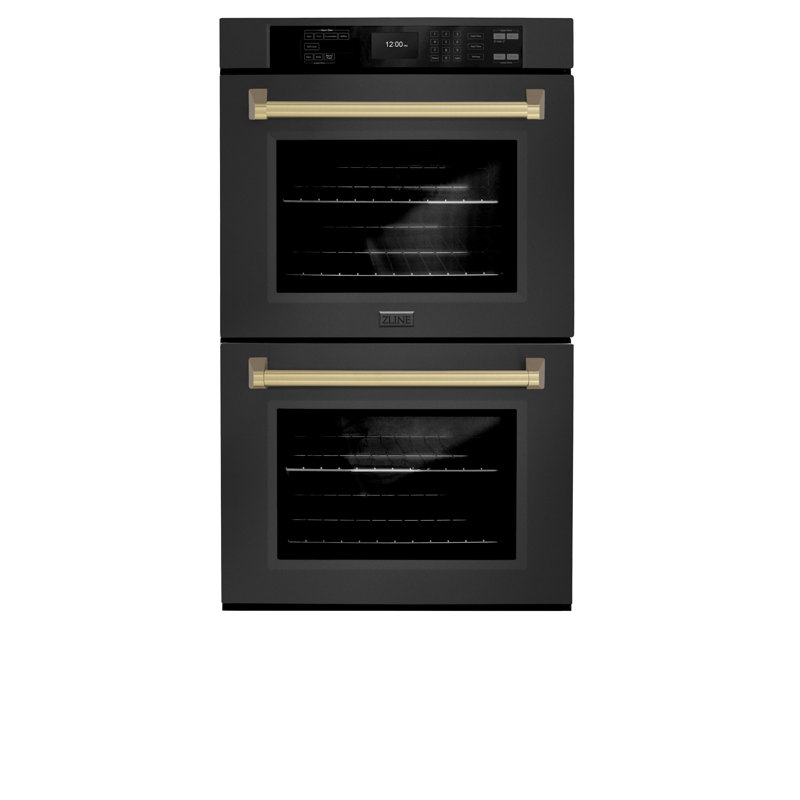ZLINE 30 in. Autograph Double Wall Oven w/ Air Fry and Self Clean w/ Black Handles, Black Stainless Steel, Champagne Bronze
