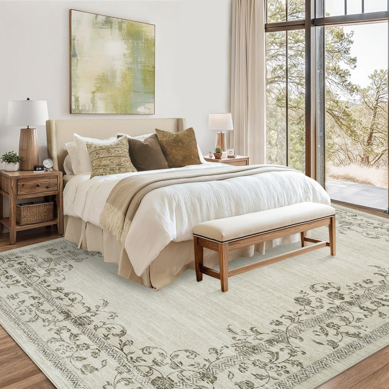 Tapis antidérapant lavable à la machine pour le salon Bordure florale à motif vieilli rétro, Rectangle 5 pi x 7 pi