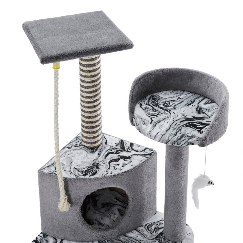 Gray Faux Fur Multi-Level Cat Tree with Hammock