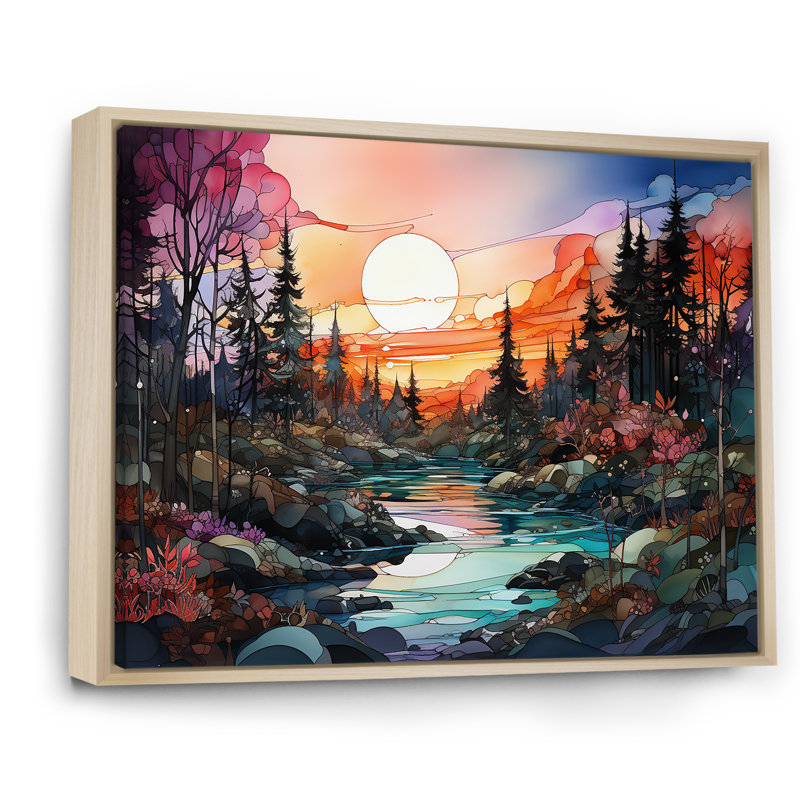 Rivière bien que le lever du soleil sur toile, Cadre naturel flottant, H 16 po x l 32 po x P 1 po