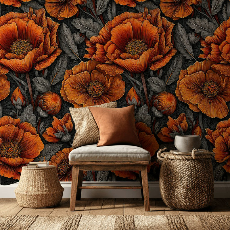 Papier peint floral, décoration murale orange foncé