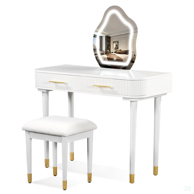 Ensemble de coiffeuse moderne 40 "avec miroir à écran tactile lumineux, coiffeuse et tabouret rembourré avec 2 grands tiroirs