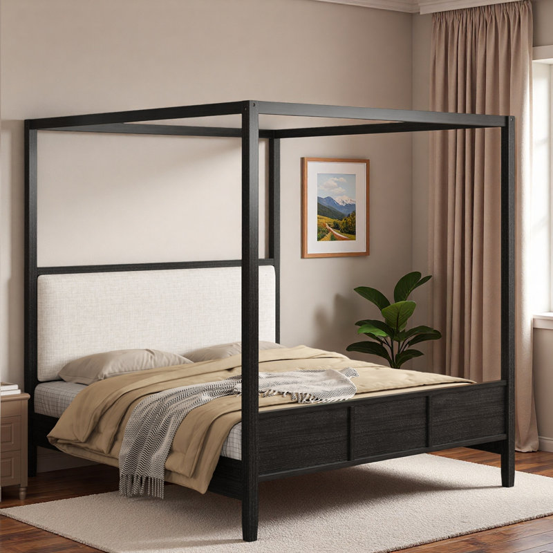 Lit plateforme à baldaquin en bois avec tête de lit tapissier, Queen, Black