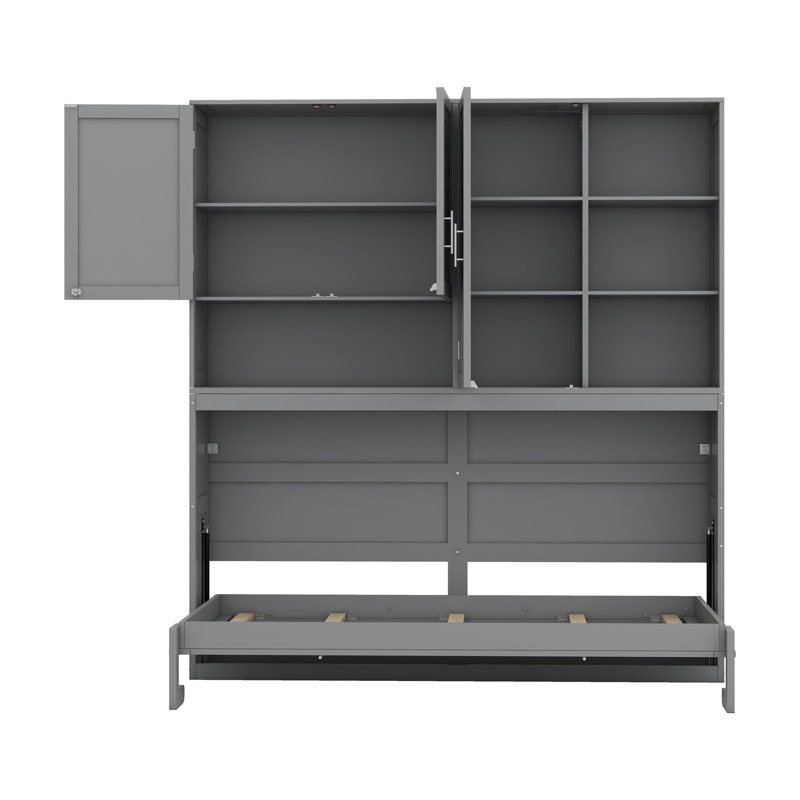 Lit escamotable mural avec armoire supérieure, tablettes, lit pliable peu encombrant avec éclairage et port USB, Gris