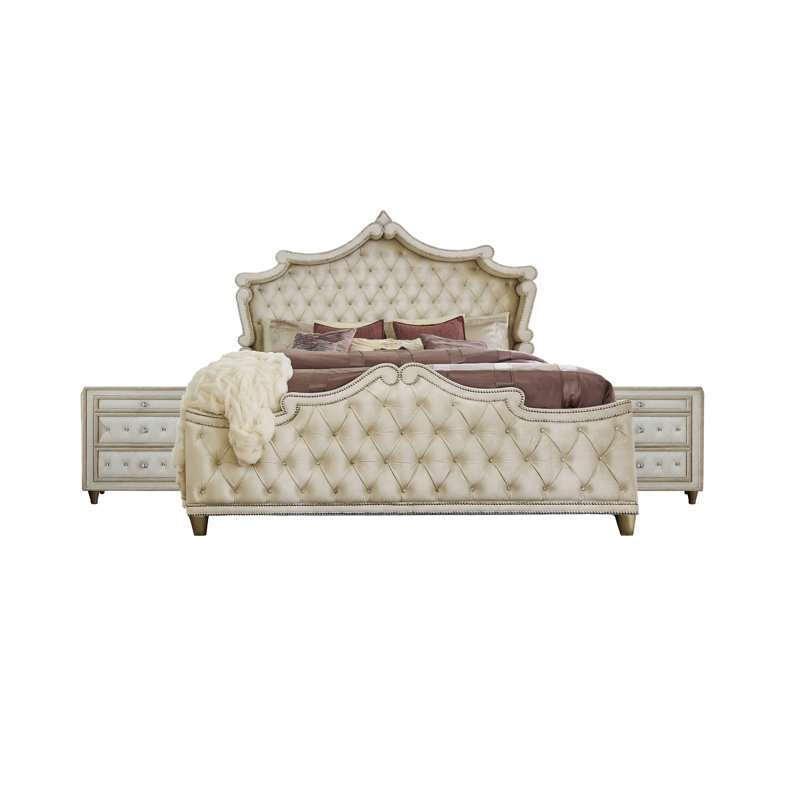 Ensemble de chambre pour très grand lit, tapissier, ivoire, brun, 3 pièces avec 2 tables de chevet