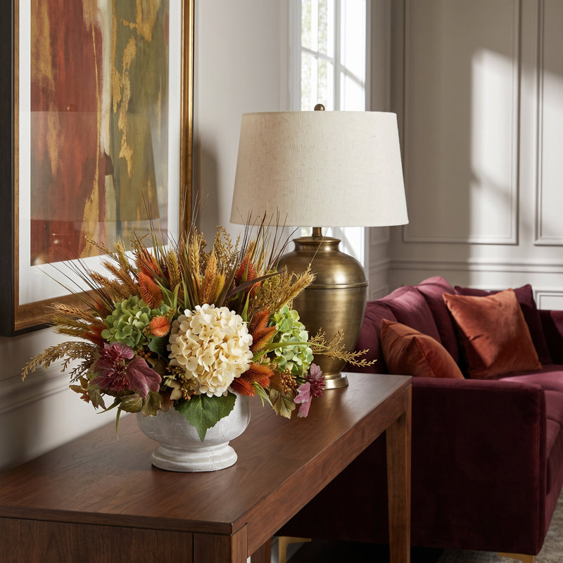 Hydrangea, Pampas and Wheat Fall Arrangement in Stone Pot