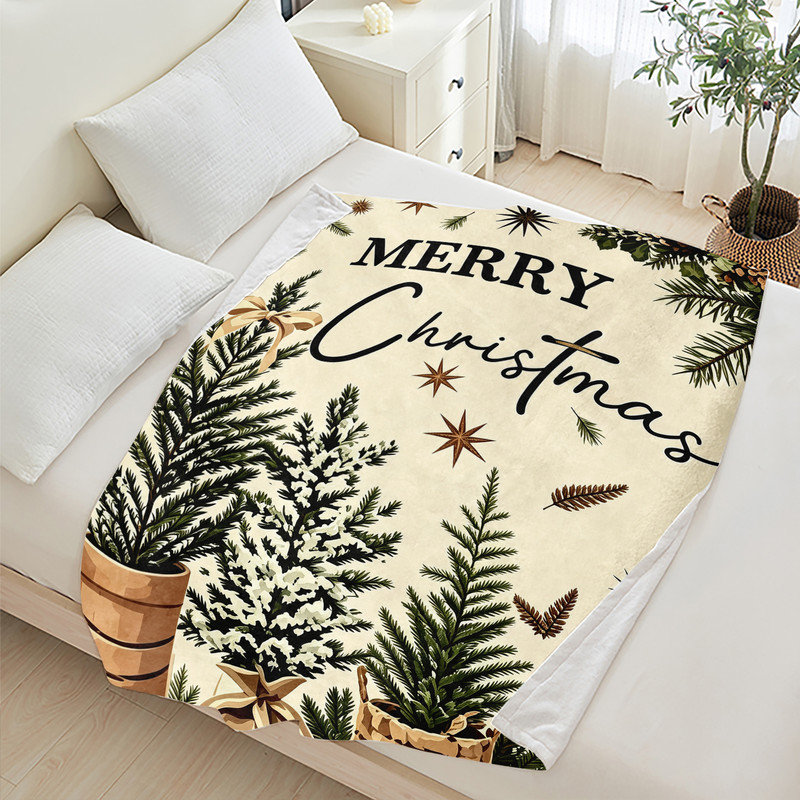 Plaid de Noël en flanelle polaire JYK, léger, respirant, doux, chaud et confortable en microfibre pelucheuse, 127 x 152 cm, motif sapins de Noël en pot
