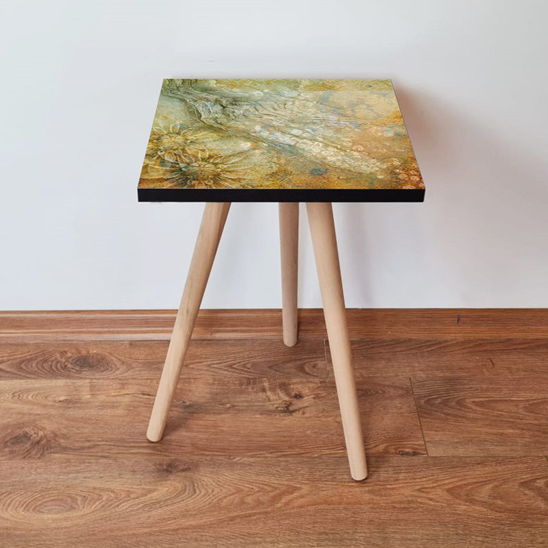 Stylish Abstract Side Table, Beige & Brown with White Accents, 13.8 x 16.5 x 13.8 inches | 100% MDF with Beech Wood Legs, Thickness: 0.7 inches | Perfect for Living Room, Bedroom, or Office Decor
