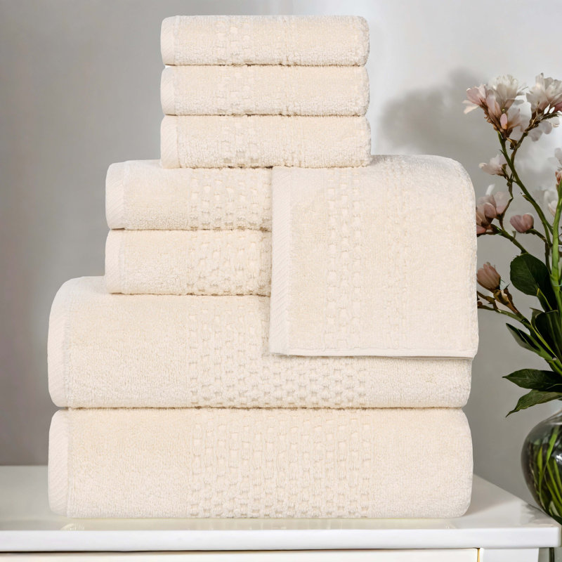 Playa Zero Twist Cotton Medium Weight Solid Waffle Textured Towel Set, Ivory, 8 Piece Towel Set